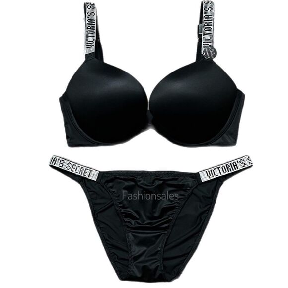 Victorias Secret Set Rhinestone Strap Bombshell plunge adds 2 cups bra & bikini - Picture 1 of 5